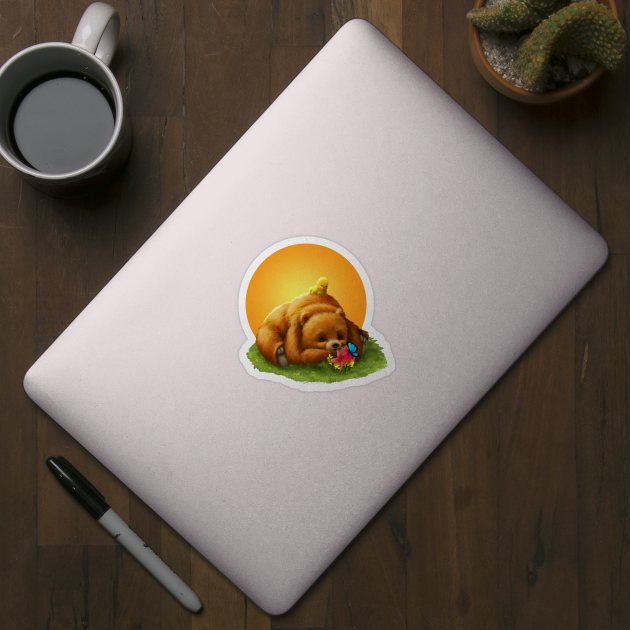 Cute Grizzly Bear and Yellow Bird in Sunset by Irene Koh Studio